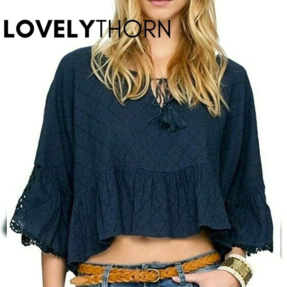 FREE PEOPLE // boho-chic textured fabric tie plunge wide sleeve top
